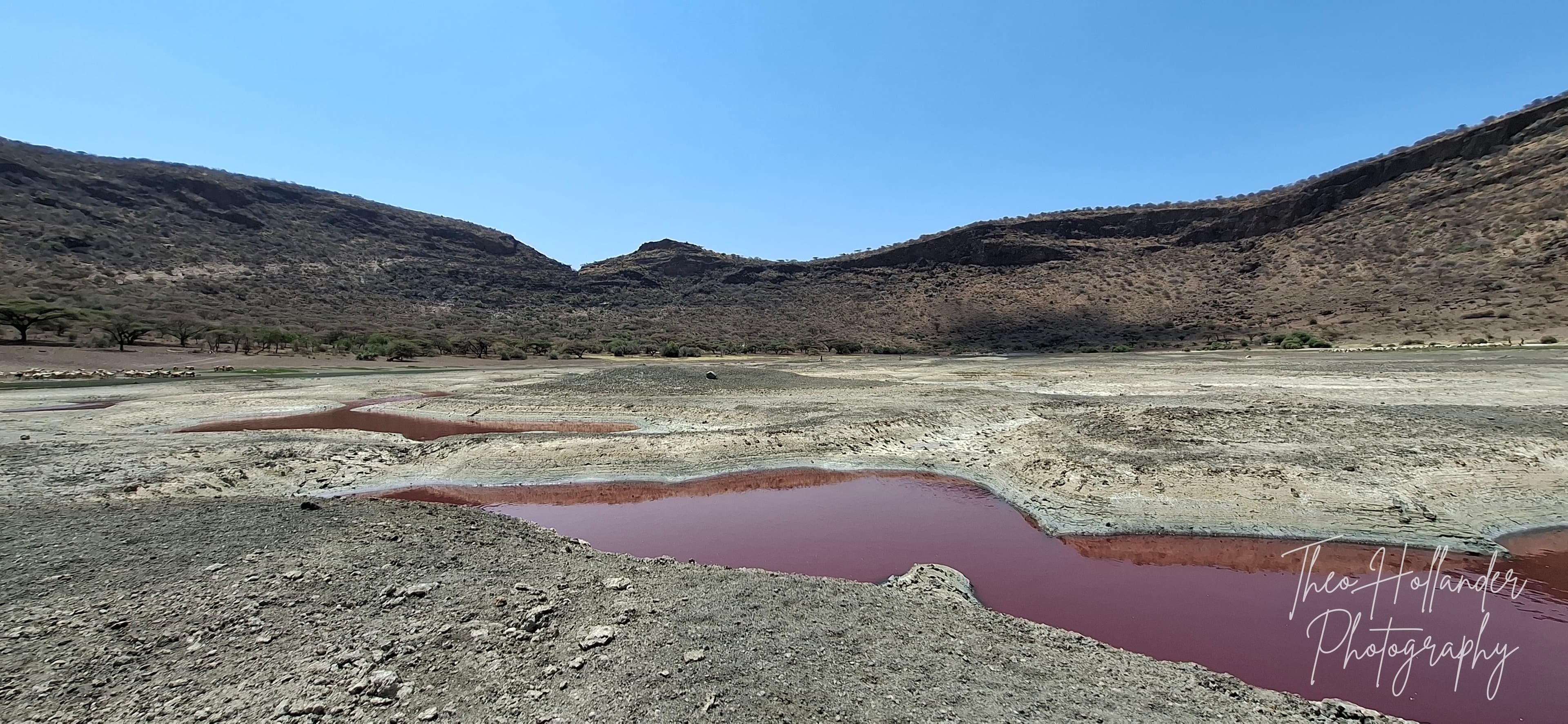 A mineral-tinted pink pool in a remote desert valley